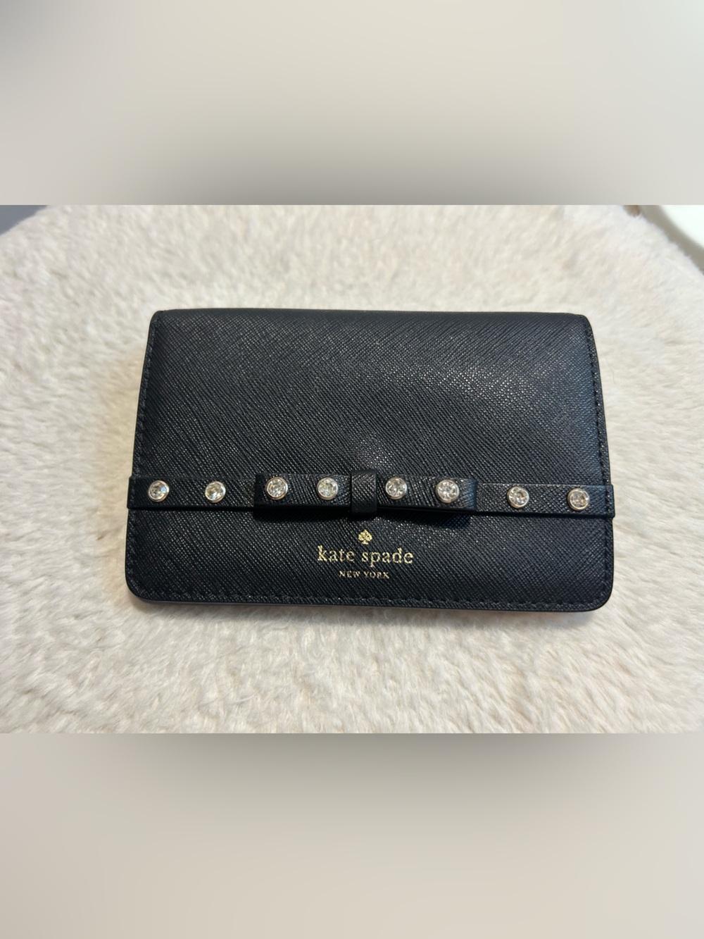 kate spade Black Saffiano Leather Bow wallet with Crystal Studs